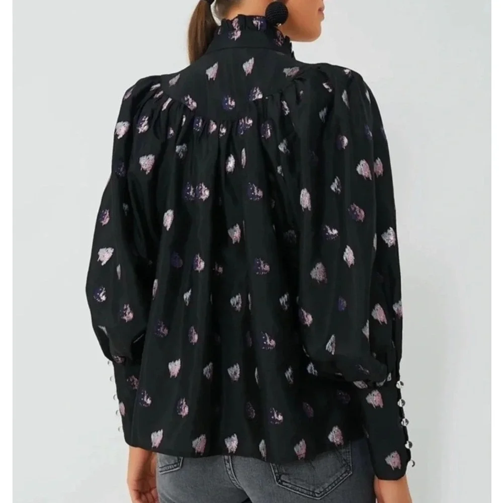 Tuckernuck Corrigan Blouse XXXL Black Pink Blurred Dot Fil Coupe Puff Sleeve